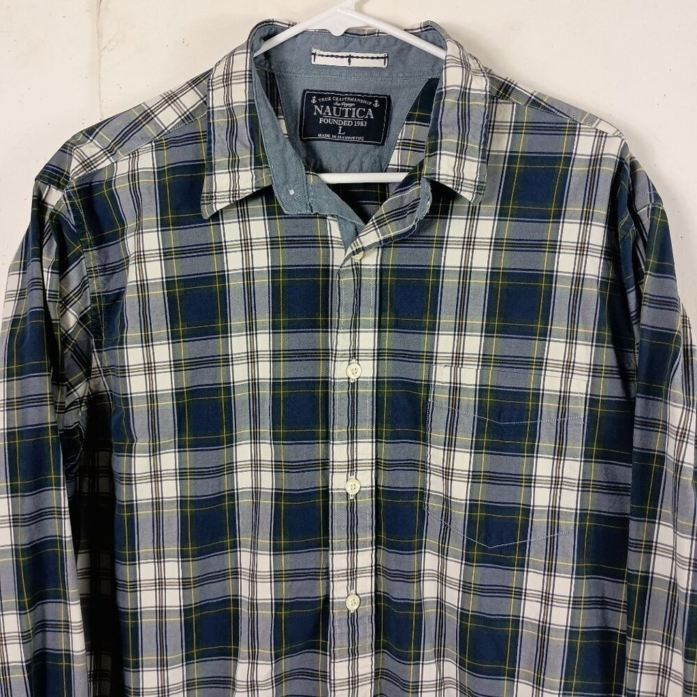 Nautica Plaid Shirt Mens L Blue Green Button Up Long Sleeve Preppy Coastal